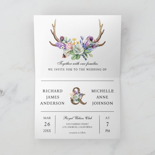 Boho Antlers Wildflower Floral QR Code Wedding 招待状 (内部)