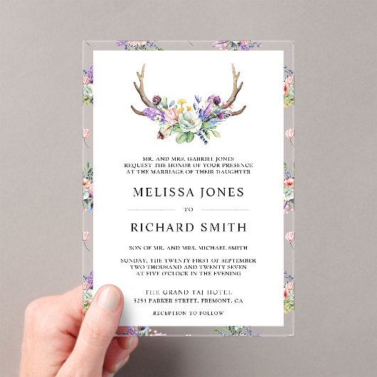 Boho Antlers Wildflower Wedding アクリル招待状 (インサイチュ (ポータブル))