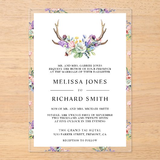 Boho Antlers Wildflower Wedding アクリル招待状 (正面)