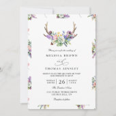 Boho Antlers Wildflowers Rustic QR Code Wedding 招待状 (正面)