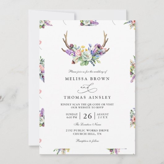 Boho Antlers Wildflowers Rustic QR Code Wedding 招待状 (正面)