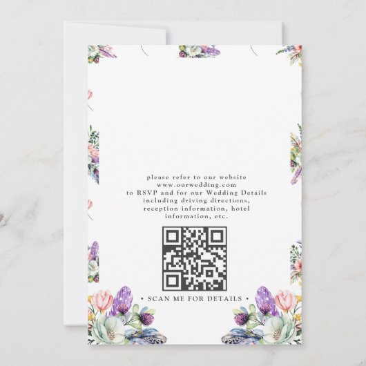 Boho Antlers Wildflowers Rustic QR Code Wedding 招待状 (裏面)