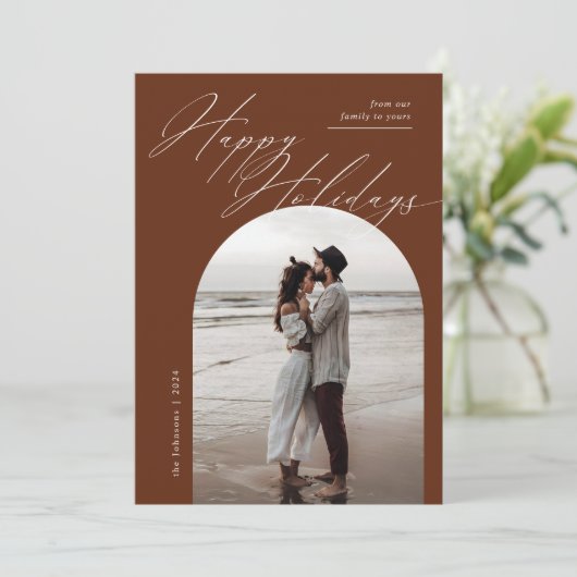 Boho Archフォトスクリプトタイポグラフィクリスマス シーズンカード (スタンド正面)