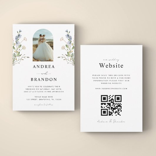 Boho Archフォトワイルドフラワーインワン結婚ズ 招待状