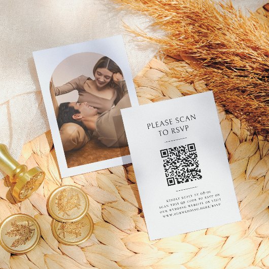Boho ArchミニマモダンリストQRコードウェディングRSVP エンクロージャーカード