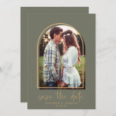 Boho Archミニマリストグリーン金ゴールド保存日 セーブザデート (正面/裏面)