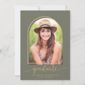 Boho Archミニマリストグリーン金ゴールド写真卒業 招待状 (正面)