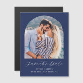 Boho Archミニマル写真海軍ブルースクリプト マグネット招待状 (正面/裏面)