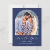 Boho Archミニマル写真海軍ブルースクリプト マグネット招待状 (正面)