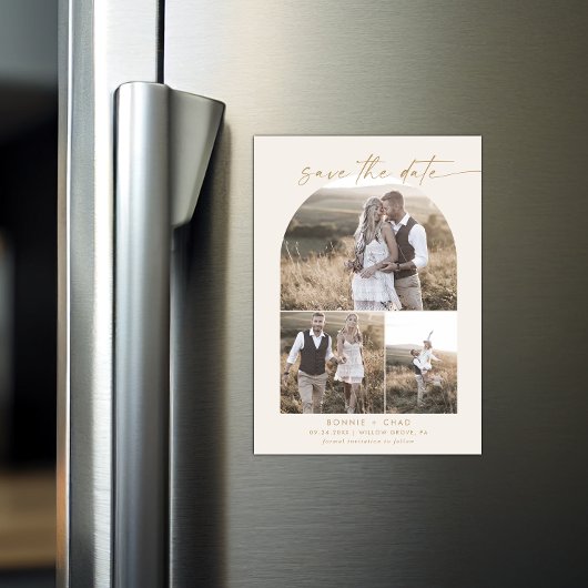 Boho Archモダンクリームフォトコラージュ日付を保存 マグネット招待状