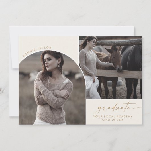 Boho Archモダンクリーム卒業生3写真卒業 案内状 (正面)