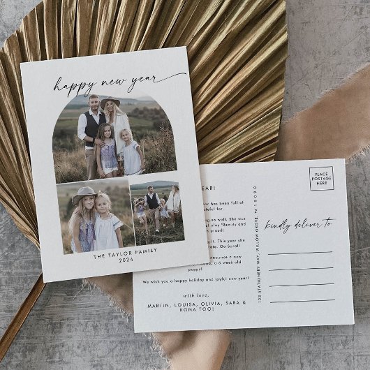 Boho Archモダンフォトコラージュ家族お正月 シーズンポストカード