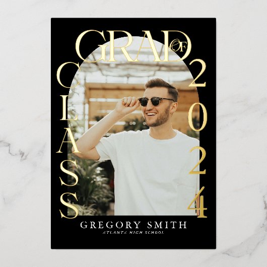 Boho Archモダン写真卒業発表 箔招待状 (正面)