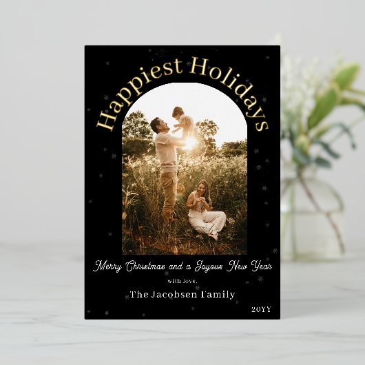 Boho Archモダン写真 | ブラックフォイルホリデーカード 箔シーズンカード (立ち正面)