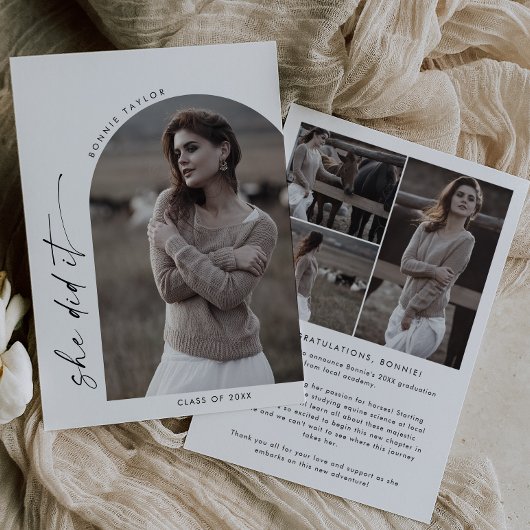 Boho Archモダン彼女は写真卒業 案内状