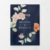 Boho Arch自然フローラネイビーブルーQRコード結婚ズ 三つ折り招待状 (カバー)