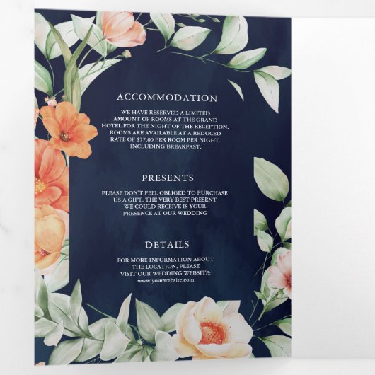 Boho Arch自然フローラネイビーブルーQRコード結婚ズ 三つ折り招待状 (内部最初)