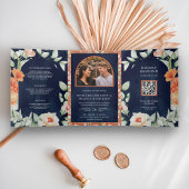 Boho Arch自然フローラネイビーブルーQRコード結婚ズ 三つ折り招待状