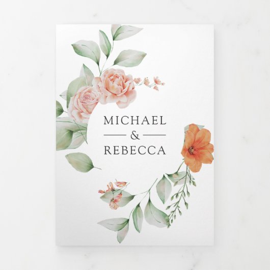 Boho Arch自然フローラQRコー結婚ド 三つ折り招待状 (カバー)