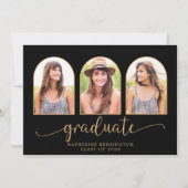 Boho Arch黒エレガント金ゴールド3写真卒業 招待状 (正面)