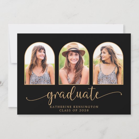 Boho Arch黒エレガント金ゴールド3写真卒業 招待状 (正面)