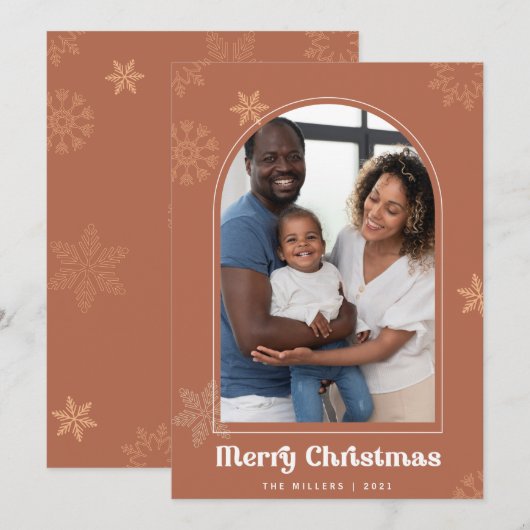Boho Arch Christmas terracotta雪片フォト 招待状 (正面/裏面)