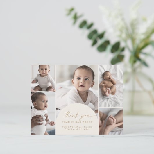 Boho Arch Creamモダン写真あり数々のがとう誕生 案内ポストカード (スタンド正面)