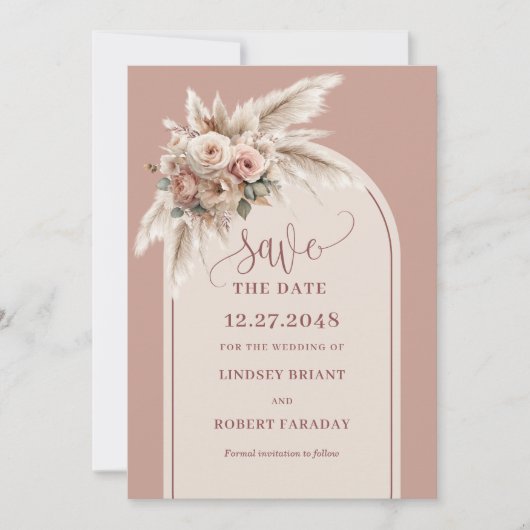 Boho Arch Dusty Pink Floral Save The Date Card 招待状 (正面)
