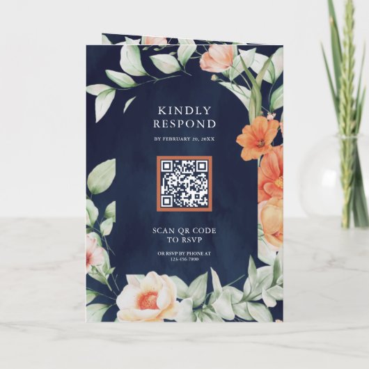Boho Arch Earthy Floral Navy Blue QR Code Wedding 招待状 (裏面)