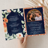 Boho Arch Earthy Floral Navy Blue QR Code Wedding 招待状