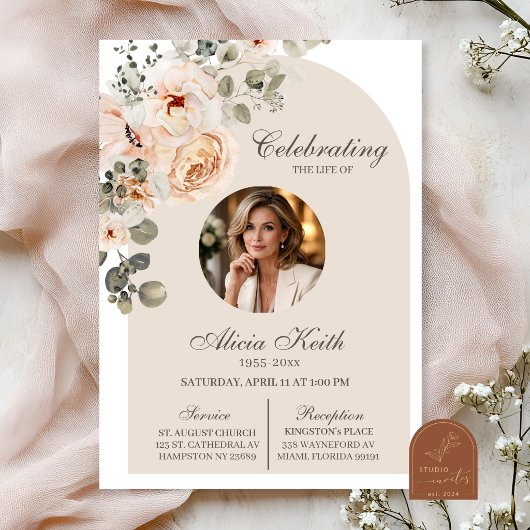 Boho Arch Floral Funeral Announcement 招待状