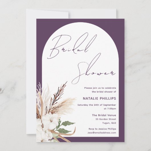 Boho Arch Floral Purple Plum Bridal Shower 招待状 (正面)