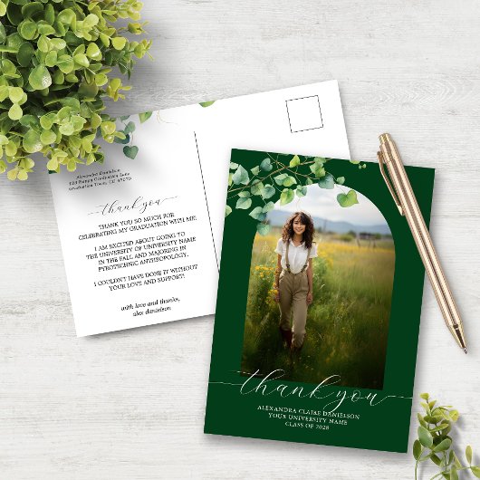 Boho Arch Ivy Forest Green卒業ありがとう ポストカード