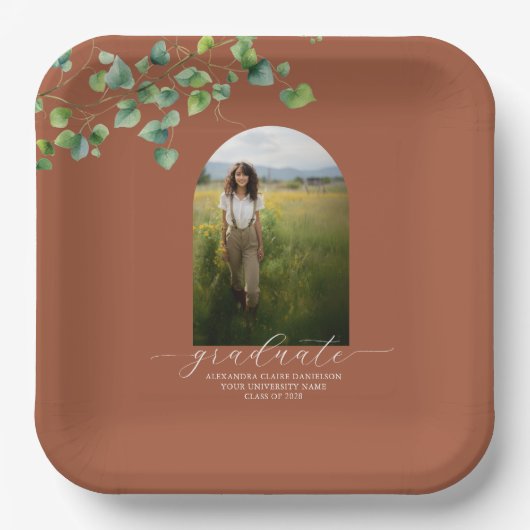 Boho Arch Ivy, Terracotta Brown卒業 ペーパープレート (正面)