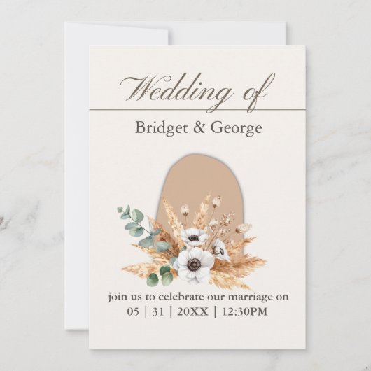 Boho Arch Pampas Grass Terracotta Wedding 招待状 (正面)