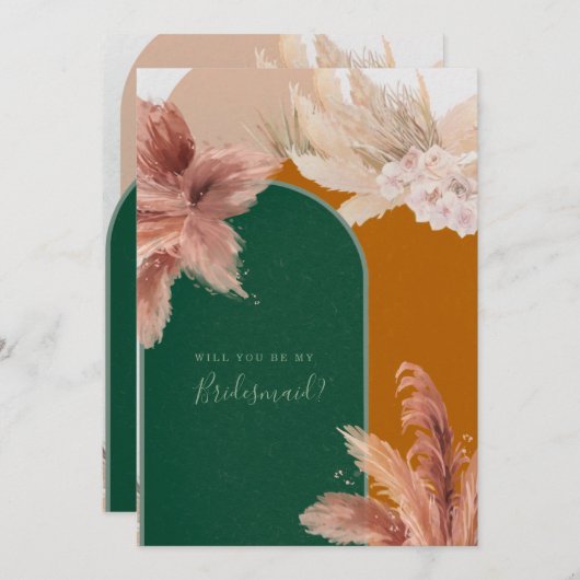 Boho Arch Pampas Grass You Be My Bridesmaid 招待状 (正面/裏面)