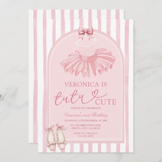 Boho Arch Pink Bow Tutu Cute Ballerina Birthday 招待状 (正面/裏面)