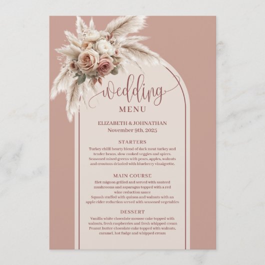 Boho Arch Powder Pink Pampas Floral Wedding Menu メニュー (正面)