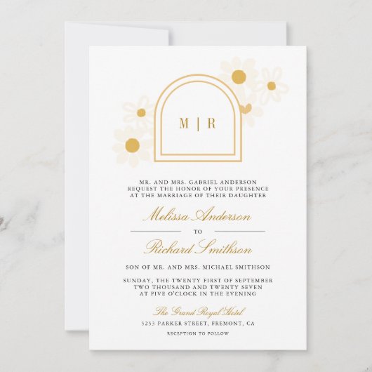 Boho Arch Retro Yellow Daisy All in One Wedding 招待状 (正面)