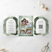 Boho Arch SageグリーンブラシストロークQRコード結婚ズ 三つ折り招待状 (内部)