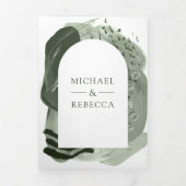 Boho Arch SageグリーンブラシストロークQRコード結婚ズ 三つ折り招待状 (カバー)