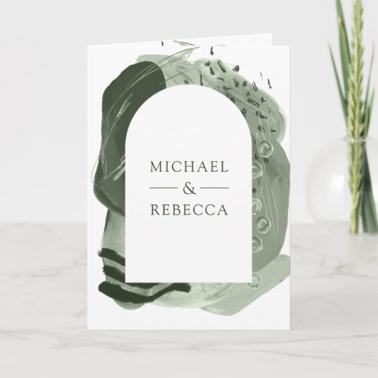 Boho Arch Sage Green Brush Strokes QR Code Wedding 招待状 (正面)