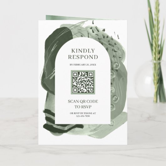 Boho Arch Sage Green Brush Strokes QR Code Wedding 招待状 (裏面)