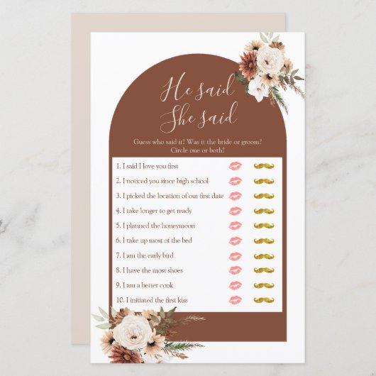 Boho Arch Terracota彼は彼女はゲームカードと言った (正面/裏面)