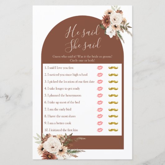 Boho Arch Terracota彼は彼女はゲームカードと言った (正面)