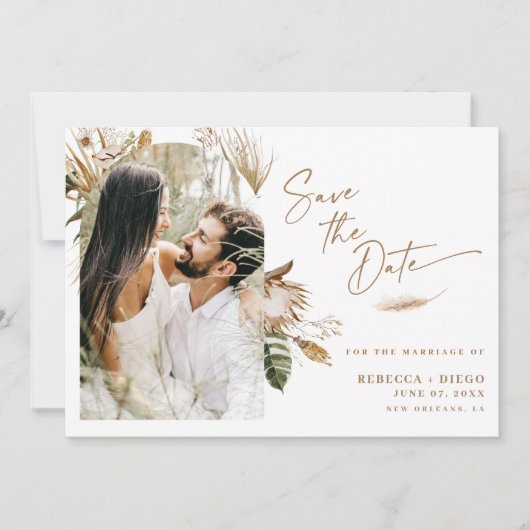 Boho Arched写真モダン結婚式の日付を保存 セーブザデート (正面)