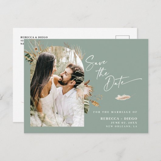 Boho Arched写真モダン結婚式の日付を保存 案内ポストカード (正面/裏面)