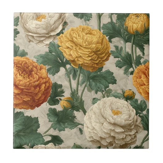 Boho Art Deco Ranunculus  Tiles  For Artful Floors タイル (正面)