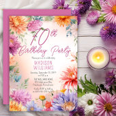 Boho Aster Flowers Floral 70th Birthday Party 招待状