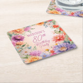 Boho Aster Flowers Floral 80th Birthday Party スクエアペーパーコースター (アングル)